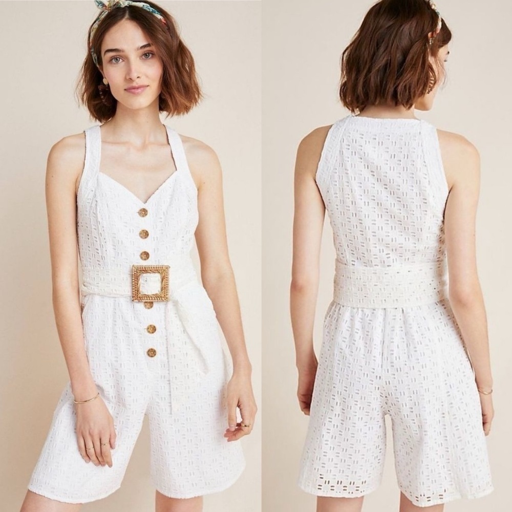 Anthropologie White Belted Eyelet Shorts Romper with Pockets- Size 8